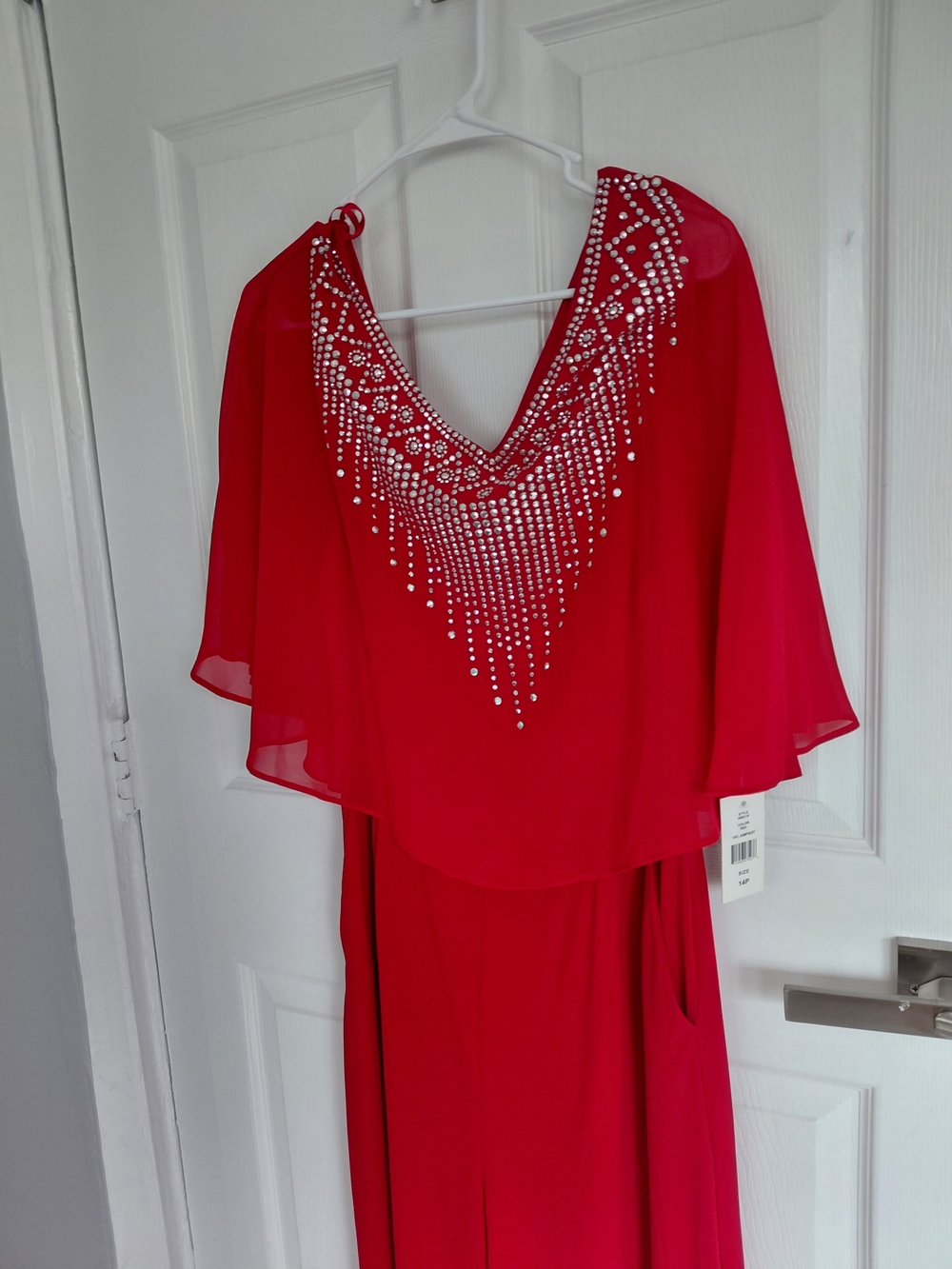 Red Embellished Short-Sleeve Jumpsuit with V-Neck Detail